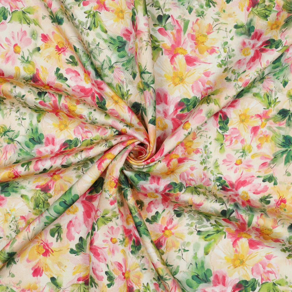 Viscose Satin Digi. Pink Flowers on Ecru
