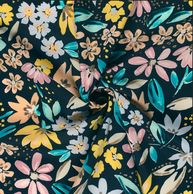 Stretch Cotton Poplin Flowers Navy