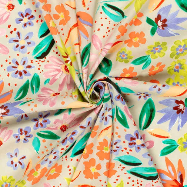 Stretch Cotton Poplin Flowers Sand