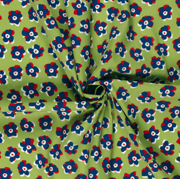 Stretch Cotton Poplin Fine Flowers Green