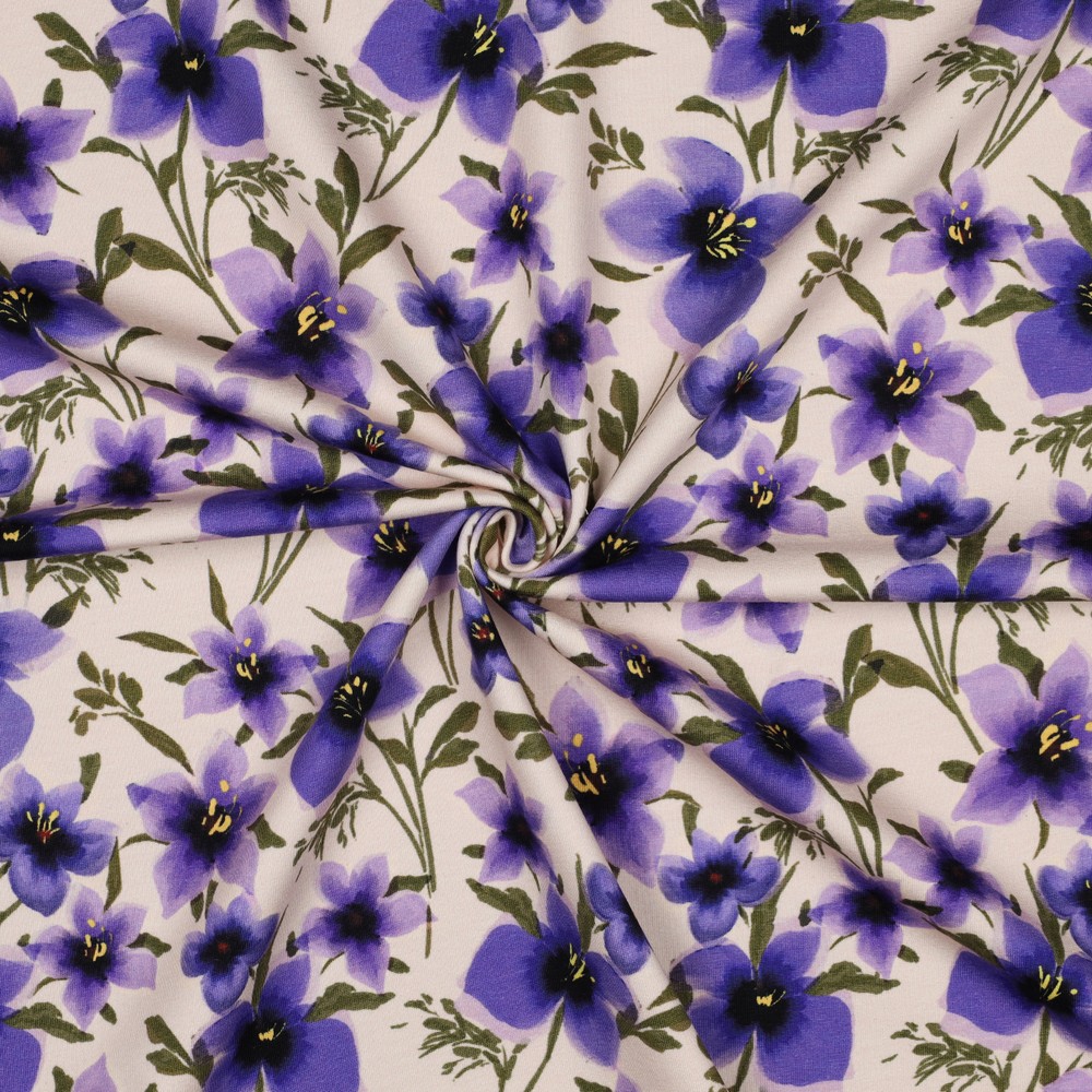 French Terry Digital Flowers Ecru/Purple