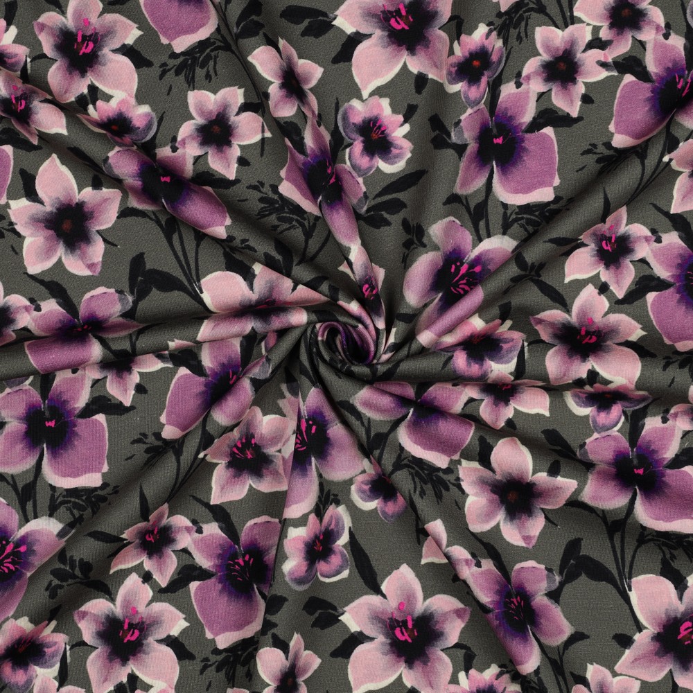 French Terry Digital Flowers Green/Old rose