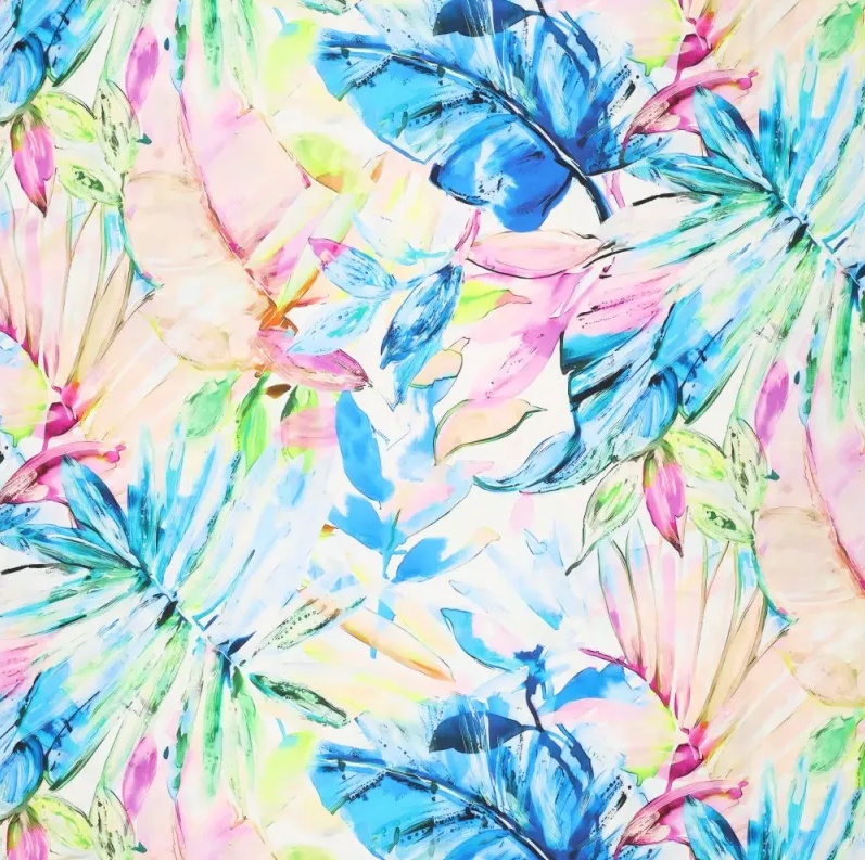 Cezanne Silky Viscose Satin Stretch Maxi Leaves Blue/Rose