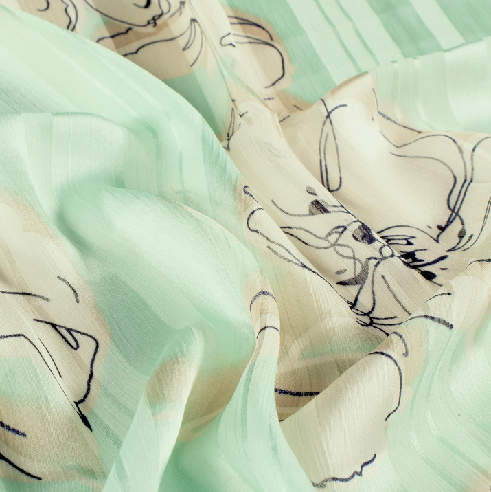 Chiffon Damast big Flower Mint