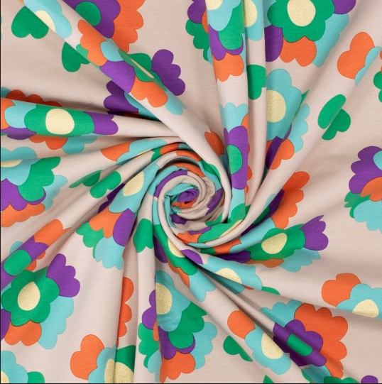 French Terry Glitter Flower Beige