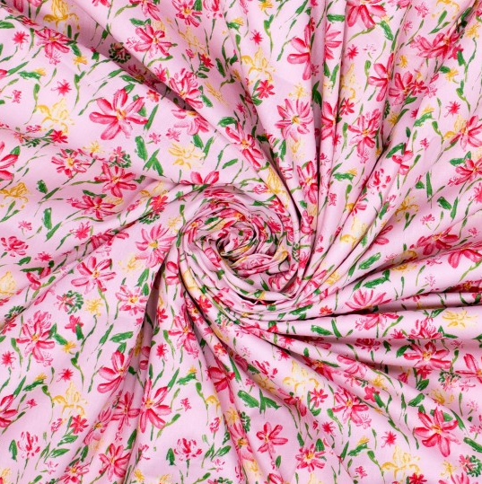 Popeline Katoen Fuchsia en Geel Bloempje