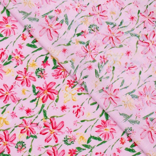 Popeline Katoen Fuchsia en Geel Bloempje