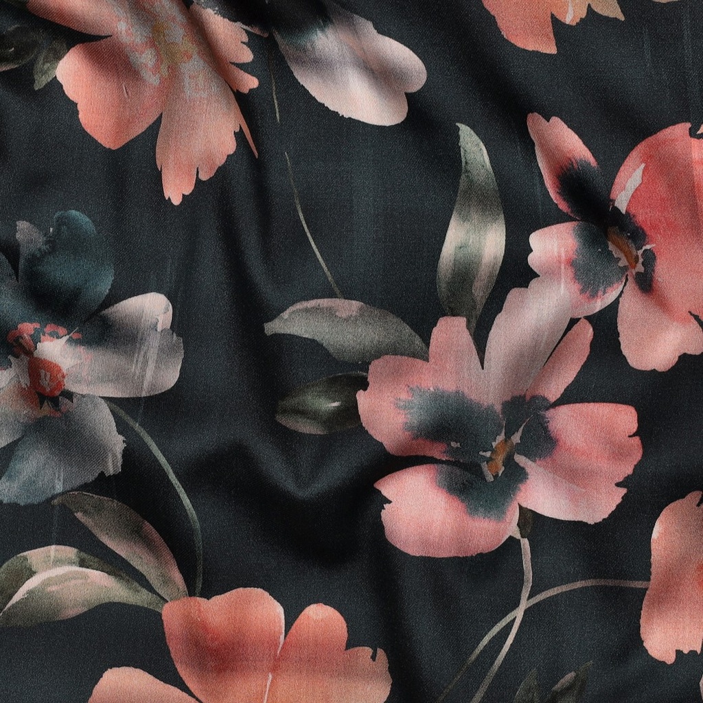 Cotton Satin Digital Flowers Dark Petrol