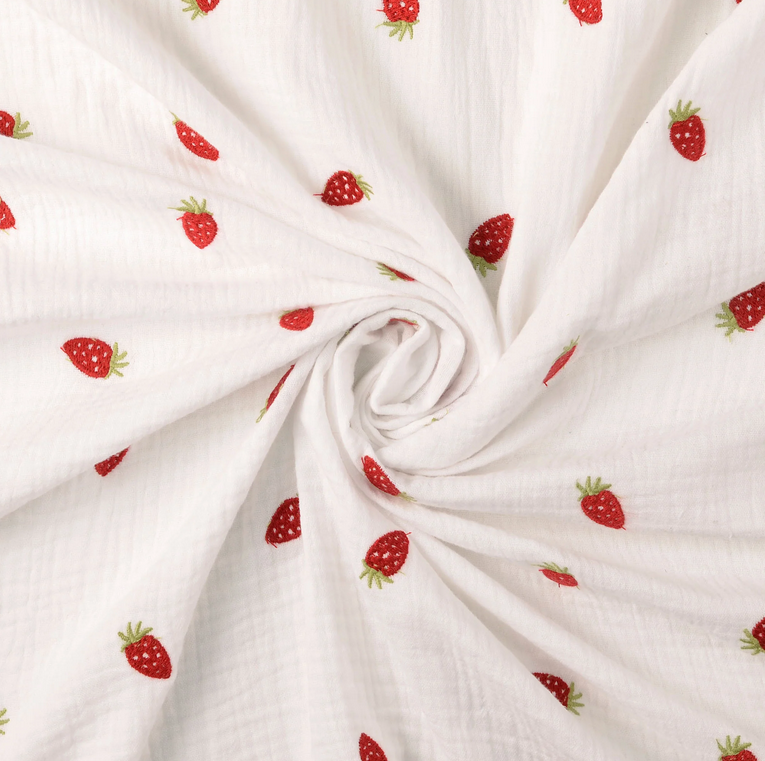 Double Gauze Broderie Strawberries - White