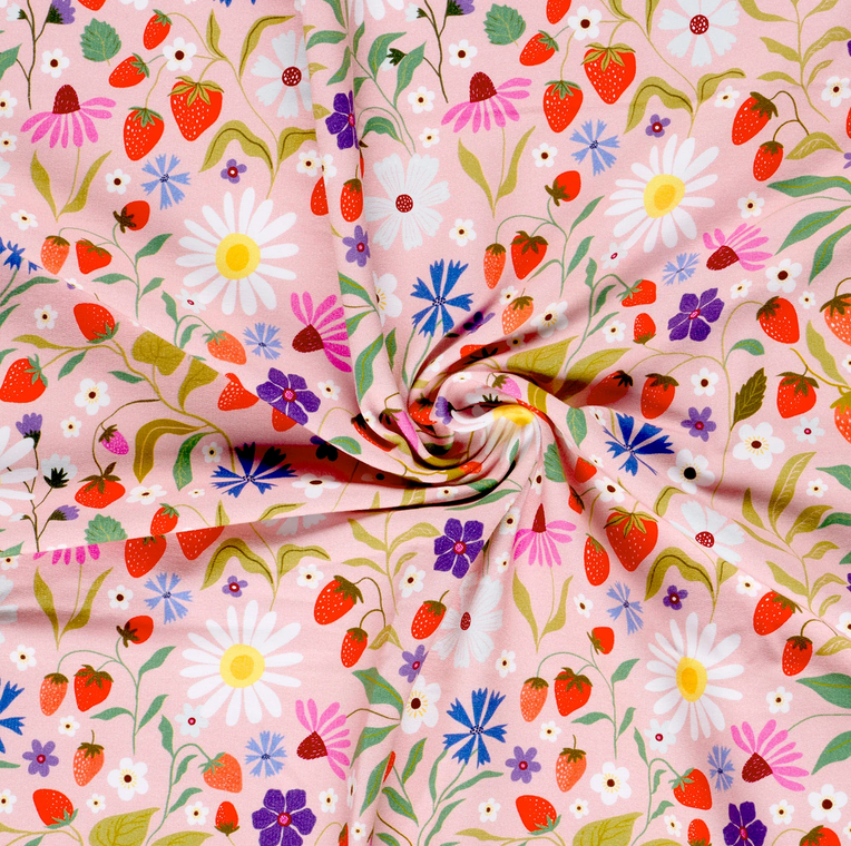 French terry brushed Flowers & Strawberries Rose