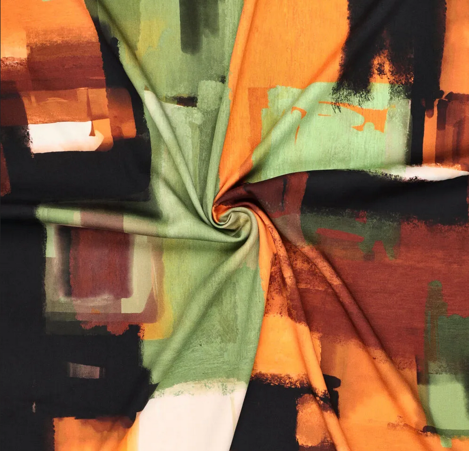 Viscose Stretch Satin Painting Terra/Green/Orange