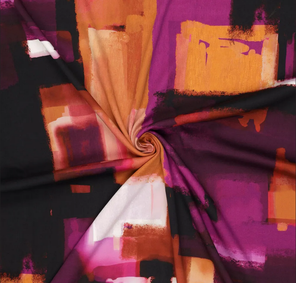 Viscose Stretch Satin Painting Violet/Orange