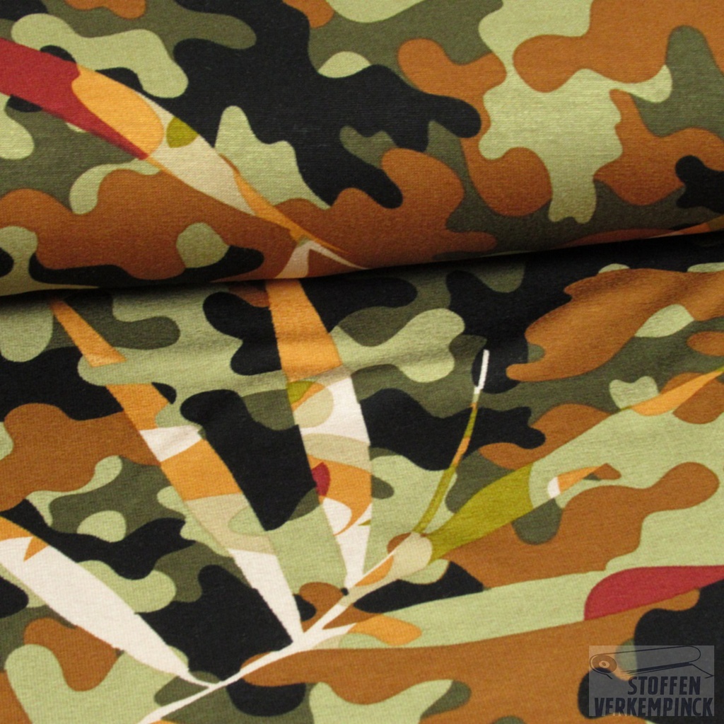 Viscose Jersey Leaves in Camo Roest