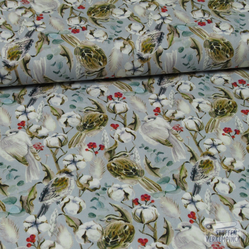Poplin Digital Vogels Licht Grijs