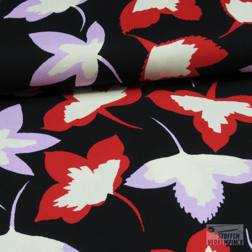 Viscose Twill Zwart Gebloemd Rood/Lila