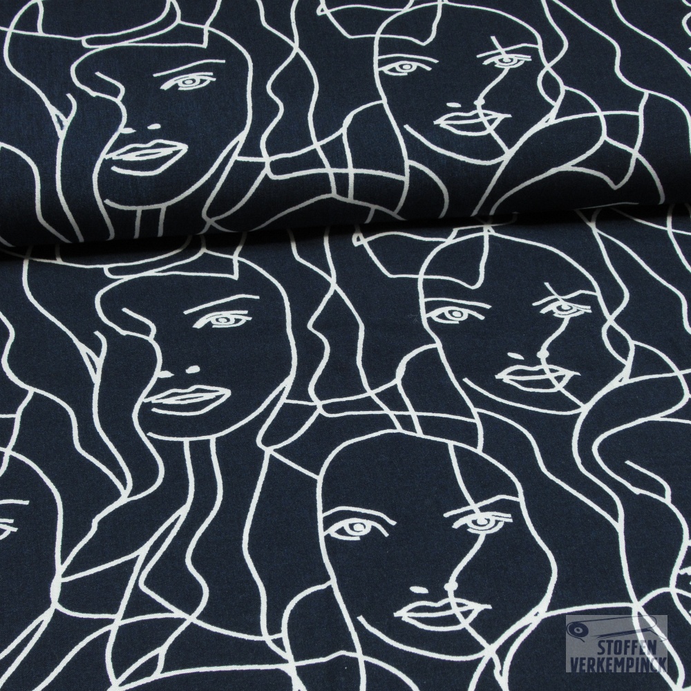 Viscose Popeline Gezichten Navy