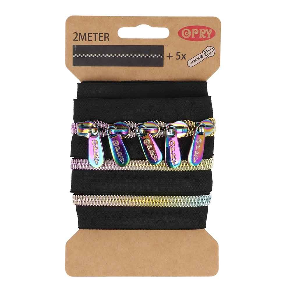 Spiraal rits metallic 2m incl. 5 schuivers Regenboog