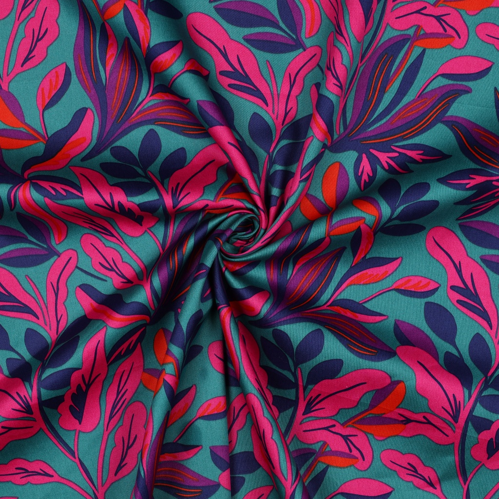 Cotton Satin Lush Leaves Petrol Nerida Hansen
