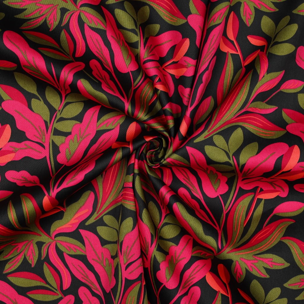 Cotton Satin Lush Leaves Black Nerida Hansen