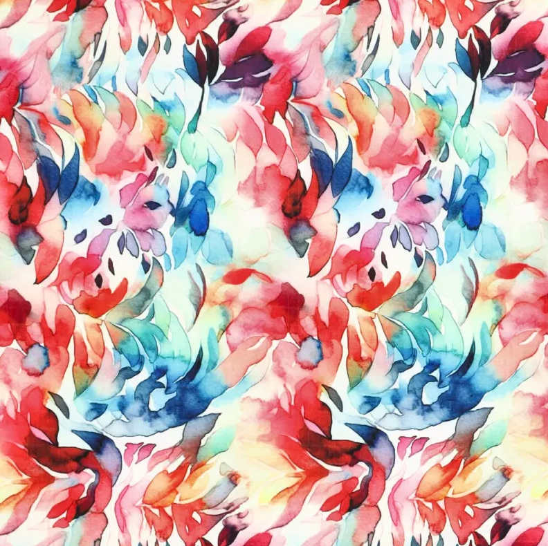 Polyester Stretch digi Painted Flowers Red/Blue