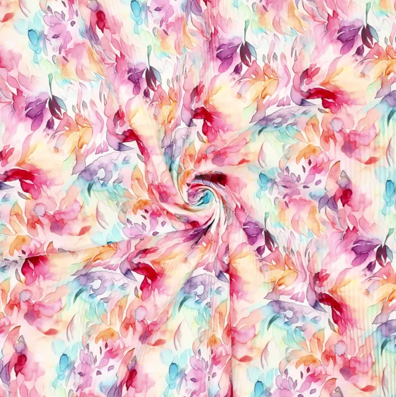 Polyester Stretch digi Painted Flowers Lila/Aqua