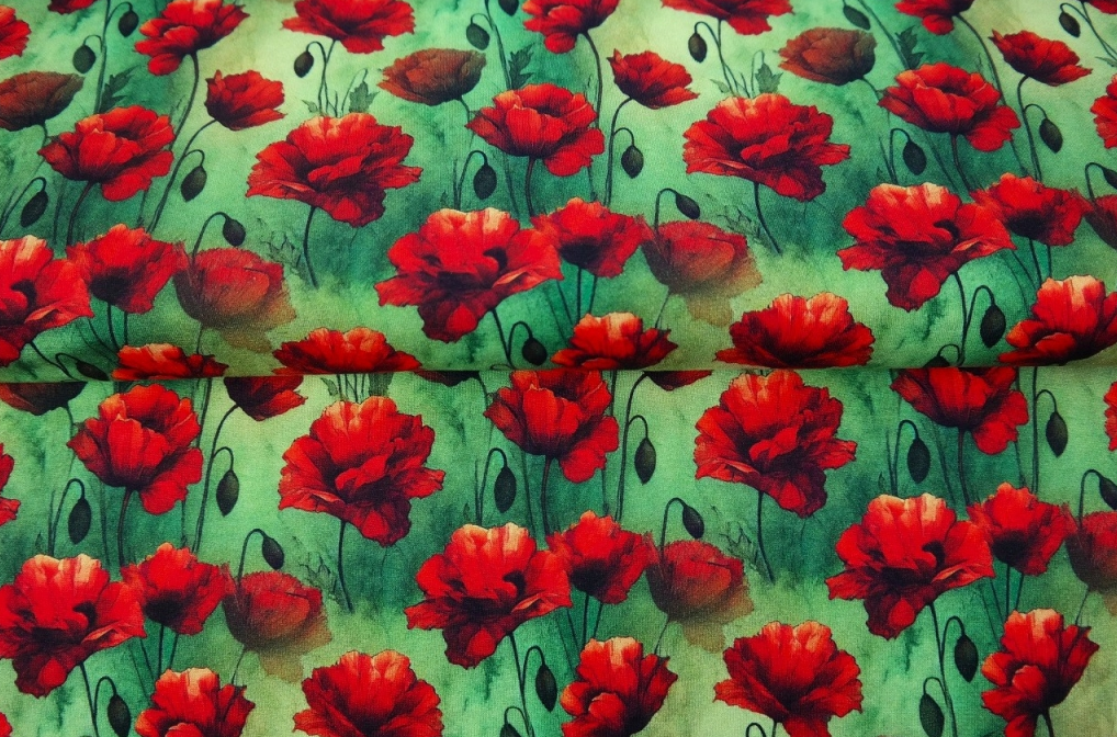 Jersey Viscose Digital Red Poppy's on Green