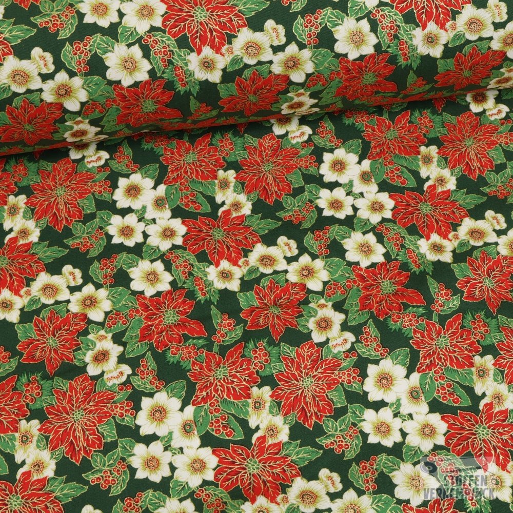 Kerstroos Popeline Groen