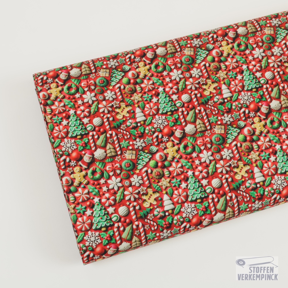 Kerst Popeline 3D Rood