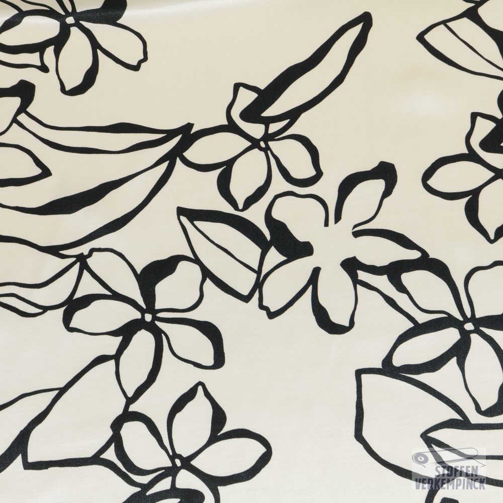Satijn Viscose Big Black Flower - Ecru