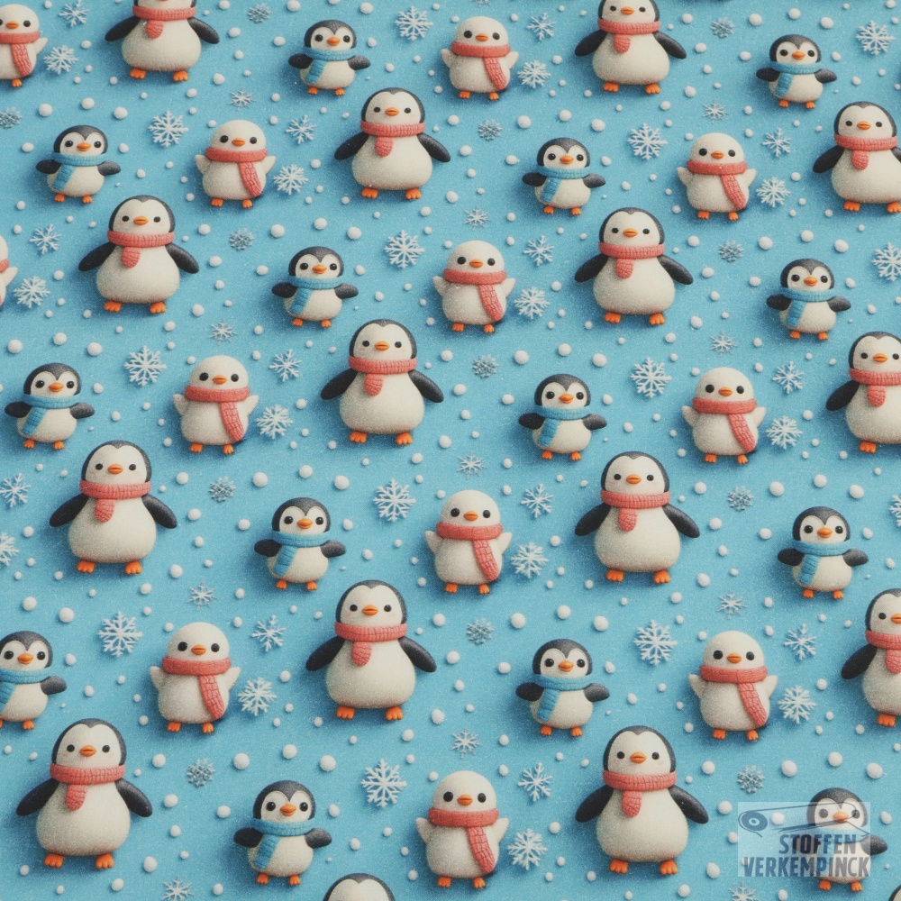 Katoen Cretonne 3D Pingouin Turquoise