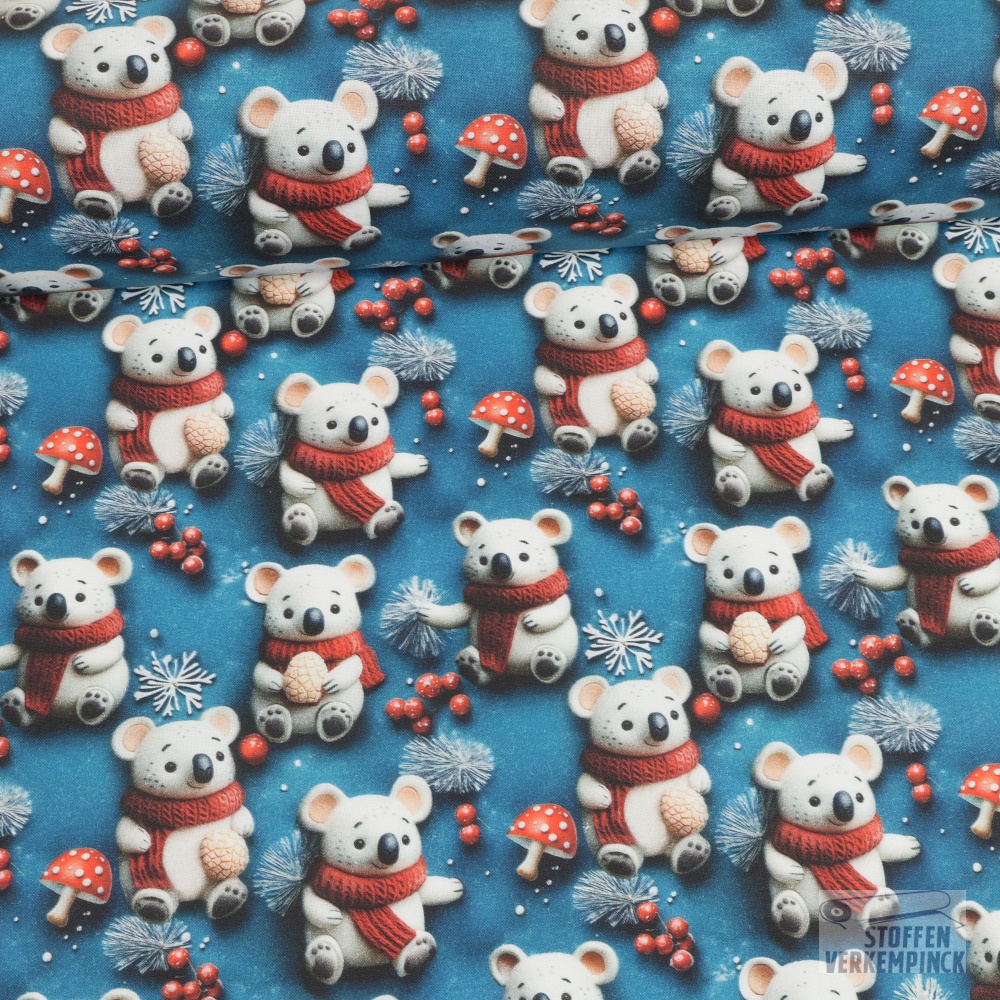 Katoen Cretonne 3D Winter Koala blue