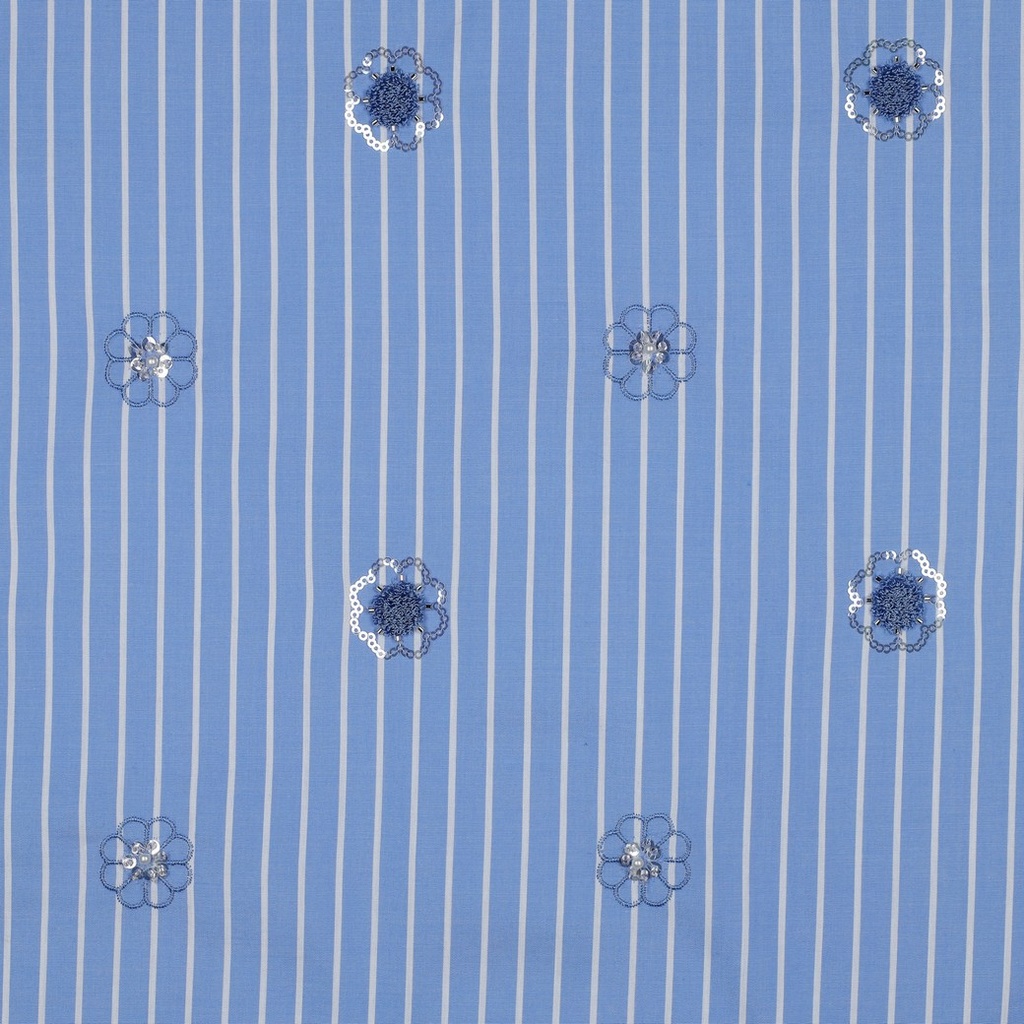 Cotton Stripes Sequins Flowers Blue