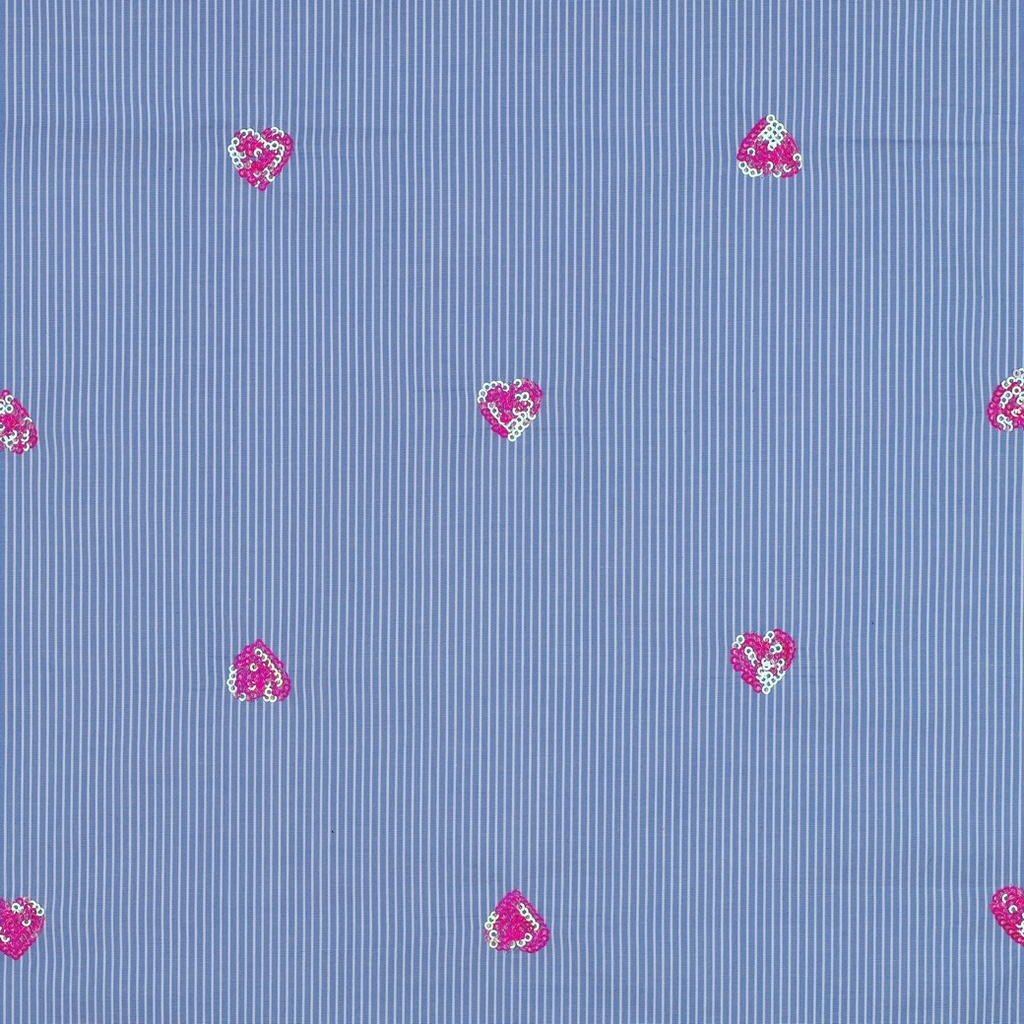 Cotton Stripes Sequins Hearts Blue