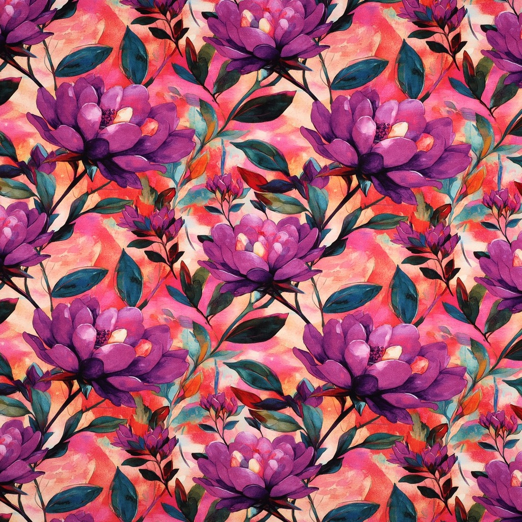 Jersey Viscose Digital Big Summer Flowers Purple/Coral