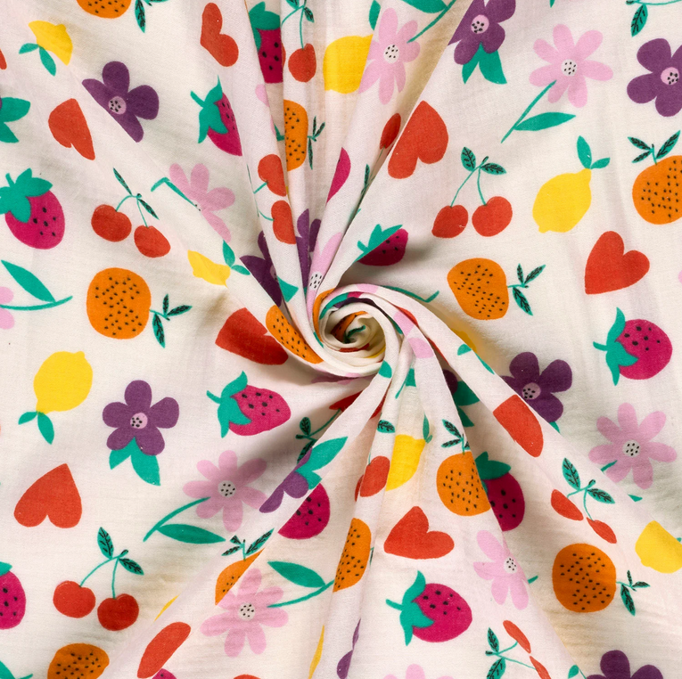 Double Gauze Flowers & Fruit - Ecru