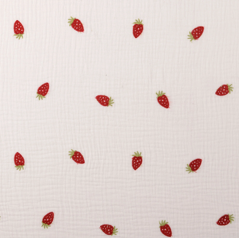 Double Gauze Broderie Strawberries - White