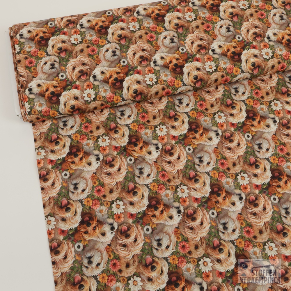 Popeline Digital Dogs & Flowers Brown