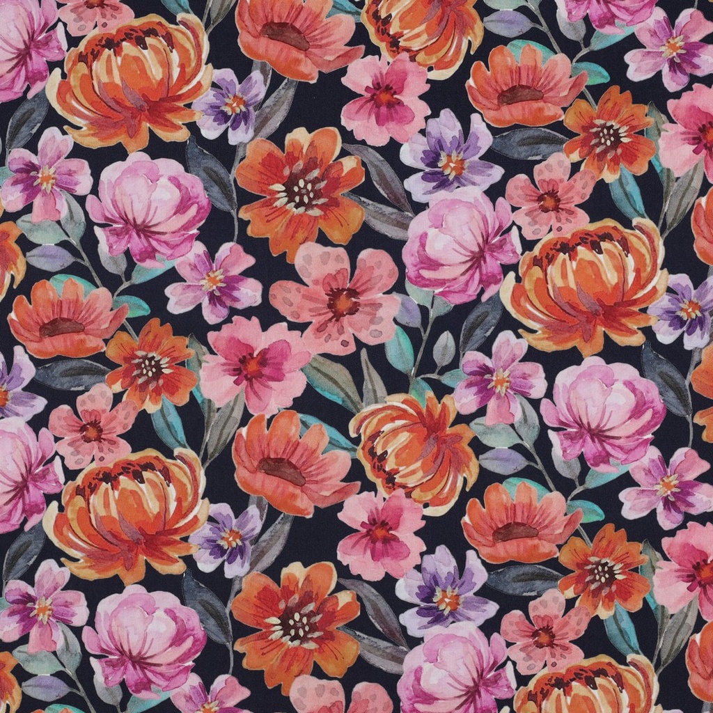 Fine Poplin Digital Medium Flowers Navy