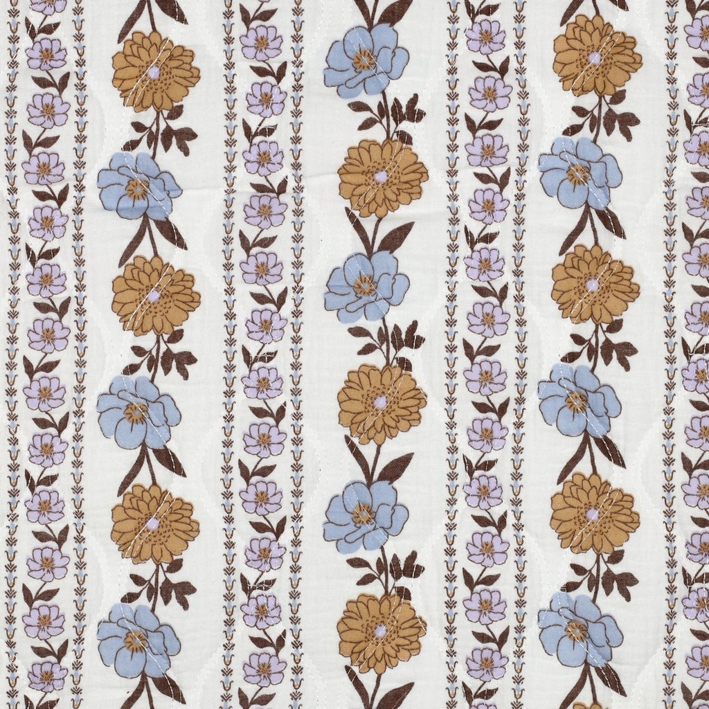 Double Gauze Matelassé Blue and Camel Flowers - White