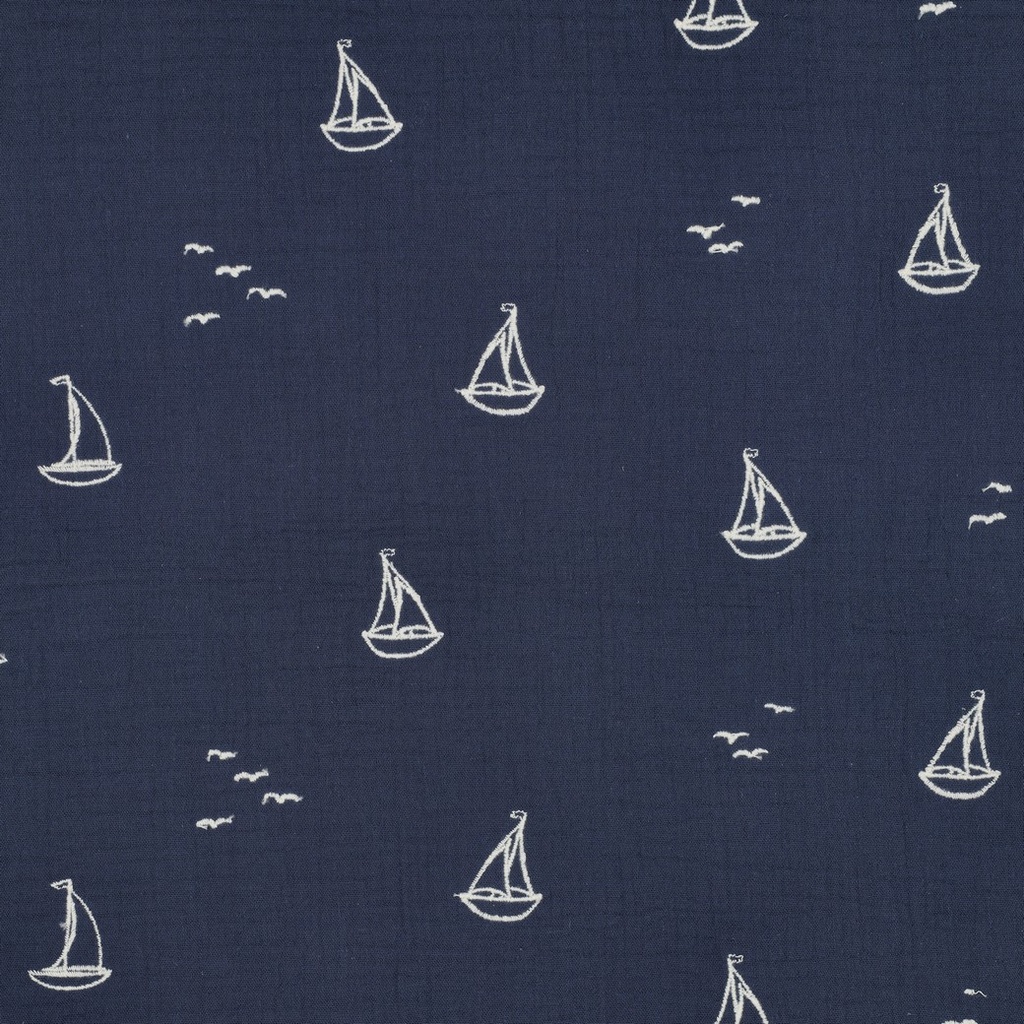 Double Gauze Embroidery Boats Navy