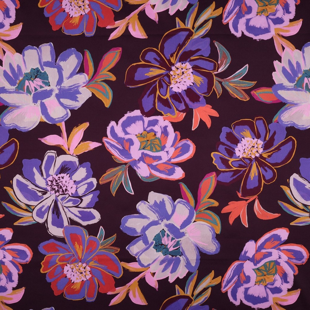 Cotton Satin Digital Flowers Burgundy