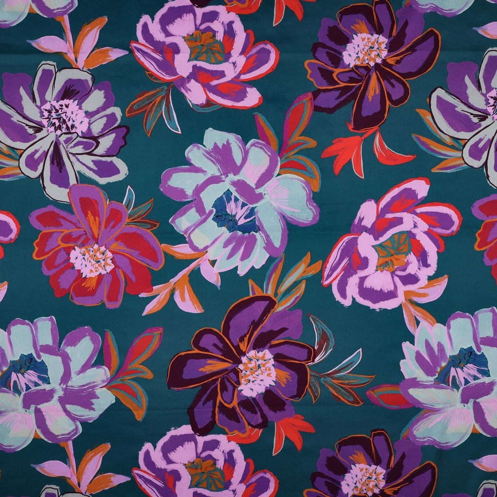 Cotton Satin Digital Flowers Petrol