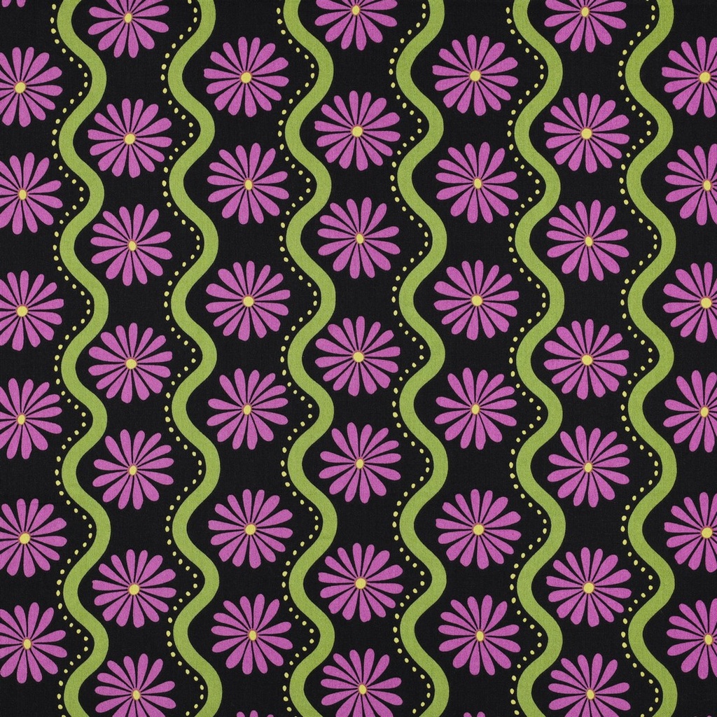 Cotton Viscose Retro Flowers Black