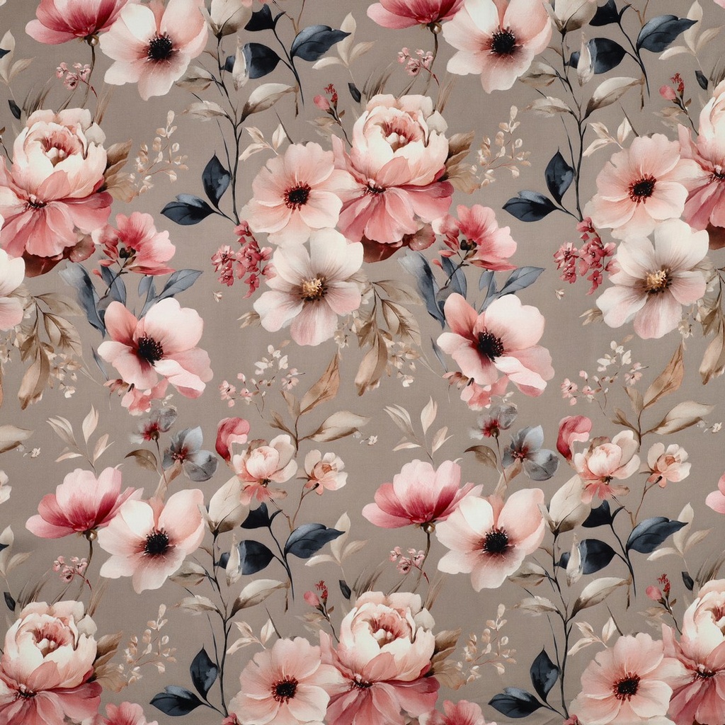 Viscose Satin Digital Big Pink Flowers - Beige