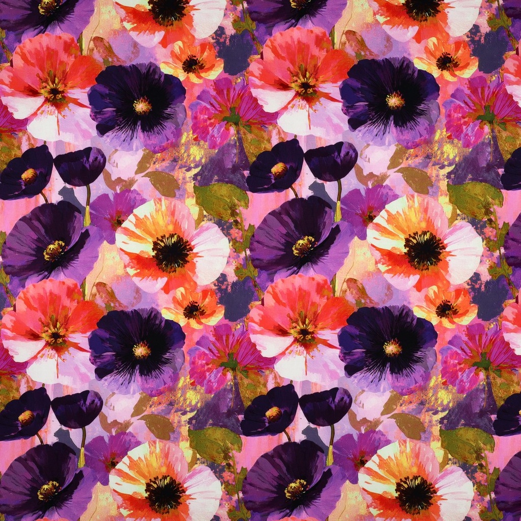 Viscose Satin Digital Big Poppies Rose/Purple