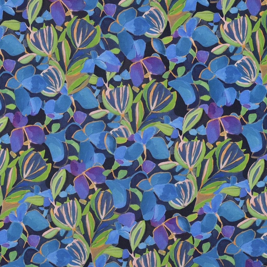Viscose Satin Digital Flowers Green/Cobalt