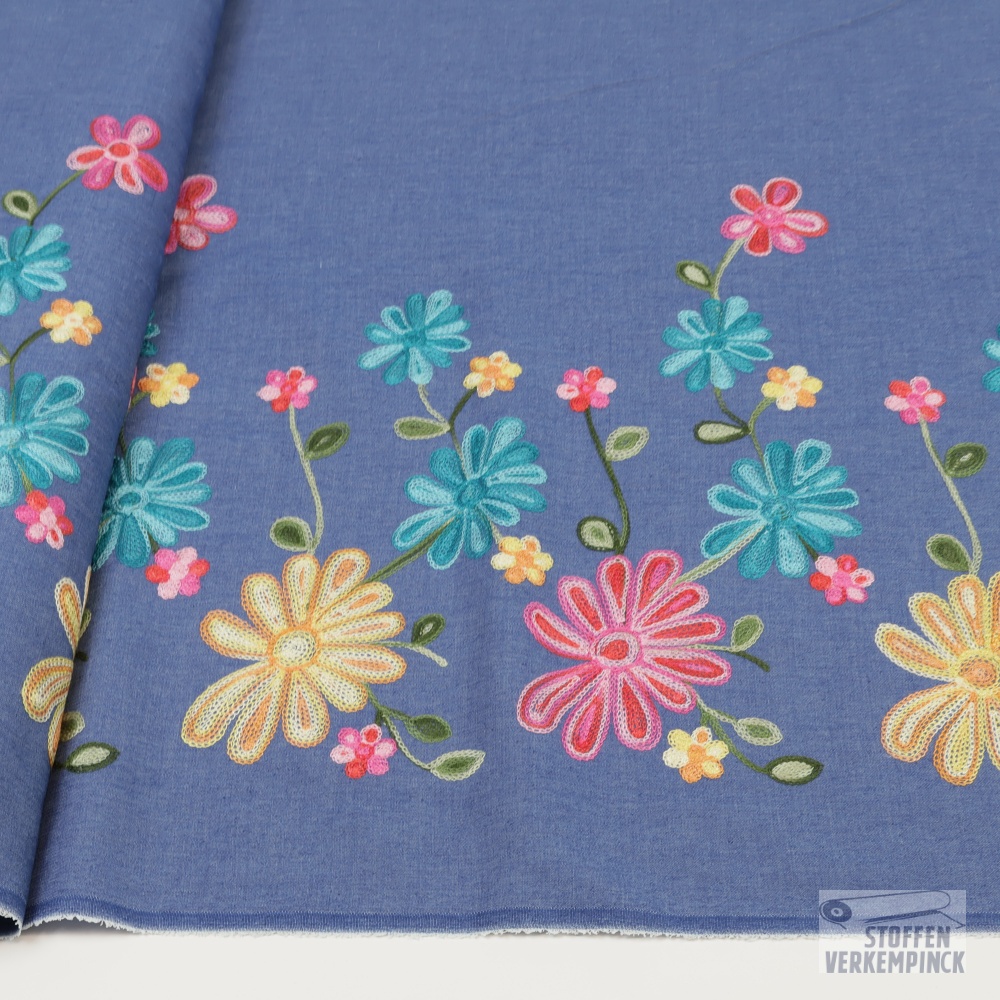 Jeans Embroidery 1-side Border Flowers Aqua/Orange