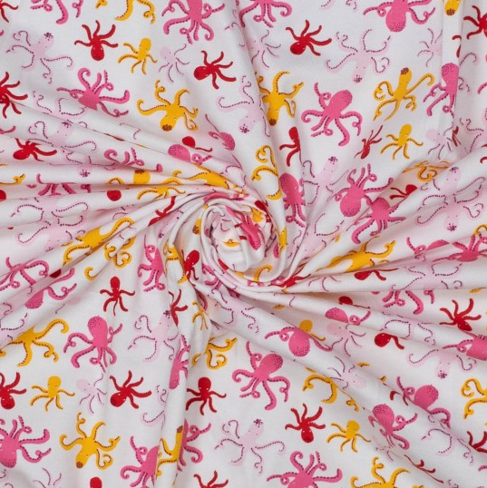 Jersey Katoen Octopus Pink/Yellow