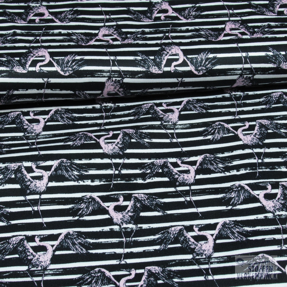 Breedtestretch Satijnkatoen Print Flamingo's & Stripes Black