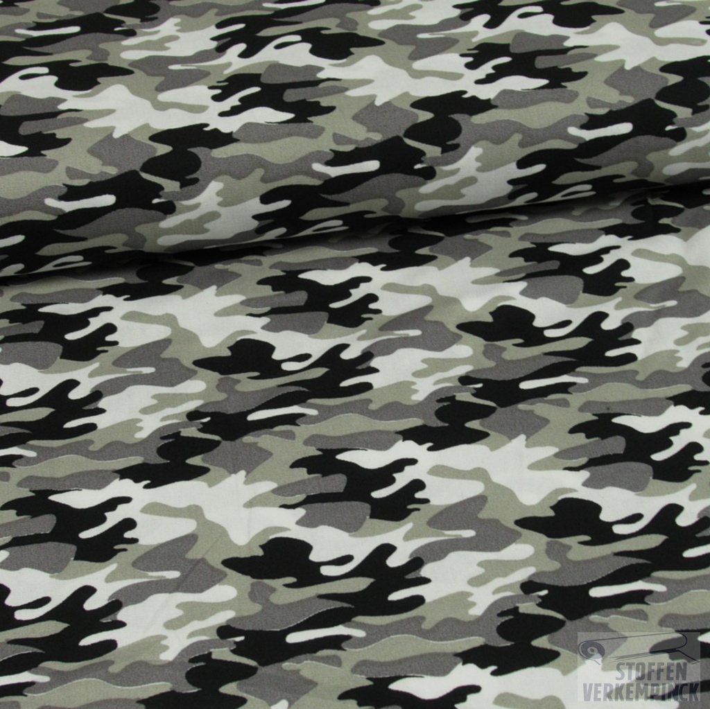 Popelin Print Camouflage Grijs
